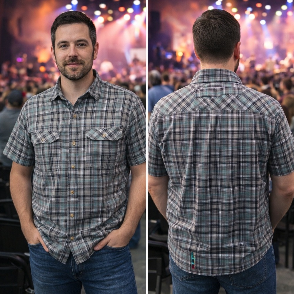 Duluth Trading Co Mens Medium Plaid‎ Short Sleeve Button Down Shirt Grey Teal